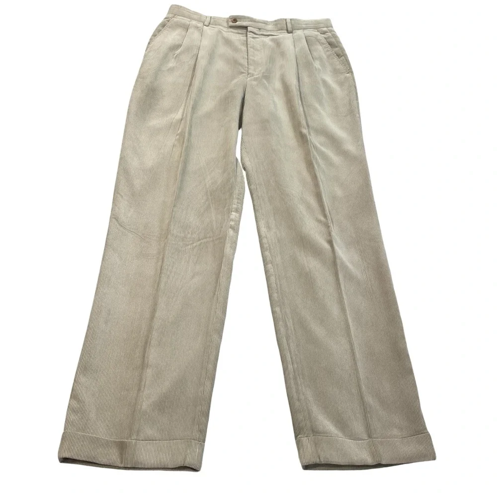 Louis Raphael Luxe Mens Beige Corduroy Double Pleated Cuffed Dress Pants 34x32
